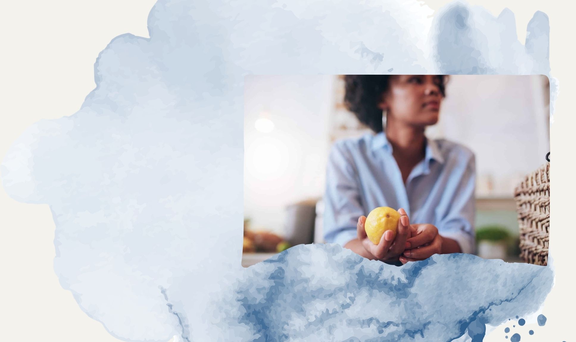 Woman at home holding a lemon, present in an ordinary moment
