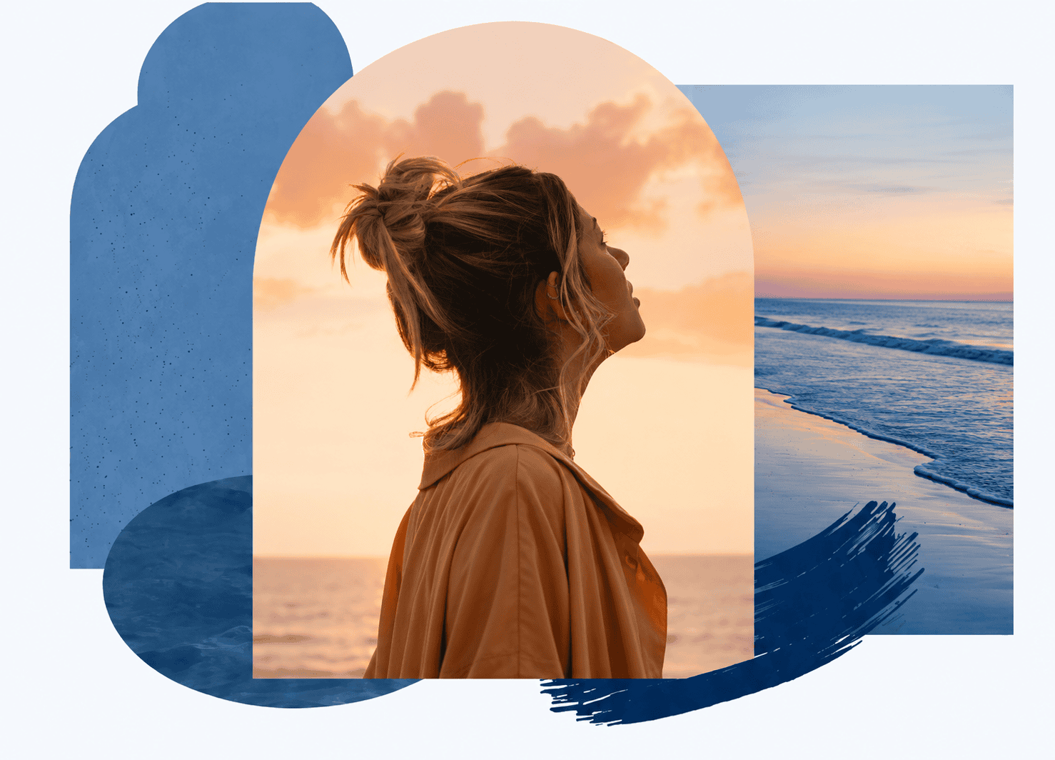 Woman at the ocean, at peace — surrounded by blue watercolour shapes