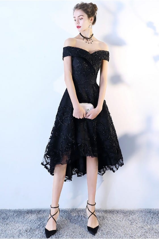 black-lace-off-shoulder-dress-Emily-paris